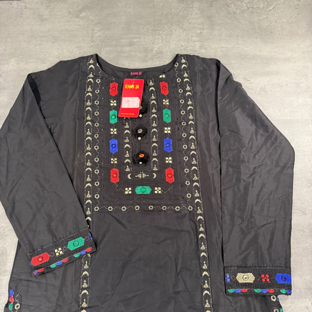 Rang Ja Tunic Pant Set Womens M Black Embroidered Ethnic 2-Piece NEW Pakistani - Picture 4 of 9